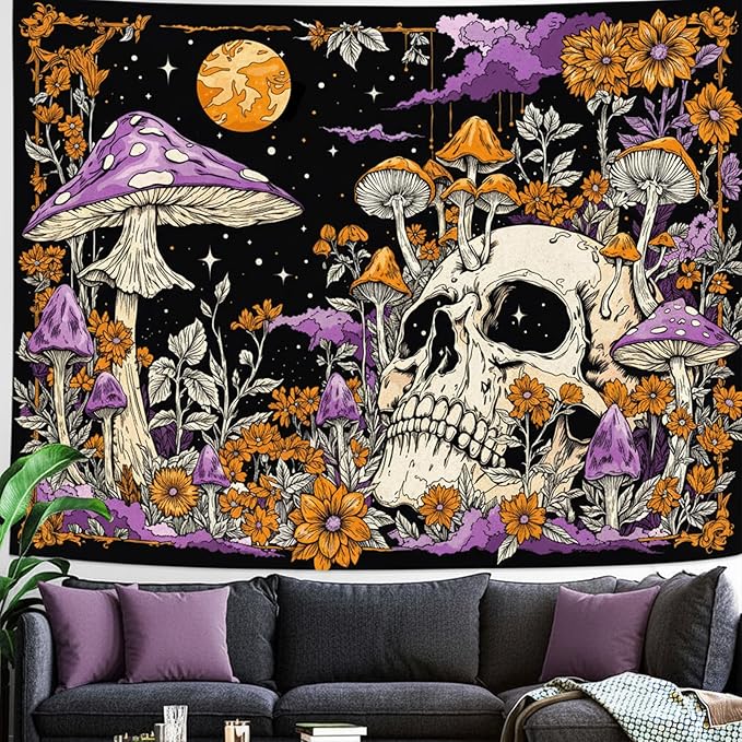 Lifeella Skull Mushroom Tapestry, Gothic Hippie Skeleton Wall Hanging for Bedroom Living Room Dorm Decor, Purple Orange 36x48 inches