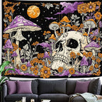 Lifeella Skull Mushroom Tapestry, Gothic Hippie Skeleton Wall Hanging for Bedroom Living Room Dorm Decor, Purple Orange 36x48 inches