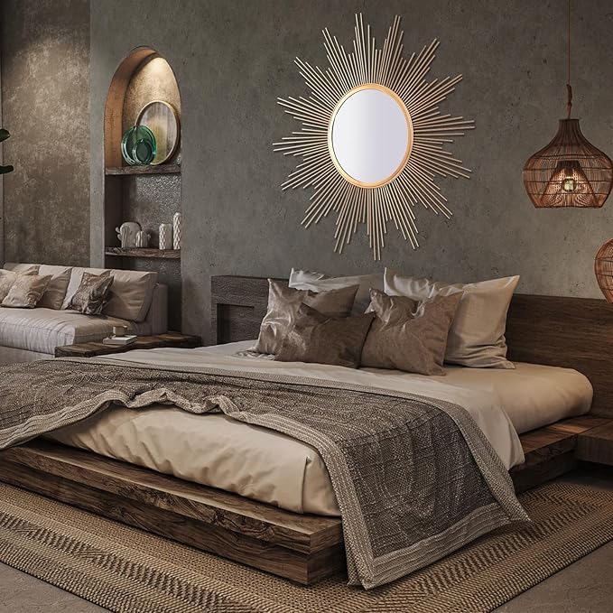 Cityelf 24'' Large Gold Sunburst Wall Mirror Boho Home Decor Round Wall Art Mirror for Living Room/Bedroom/Bathroom/Entryway