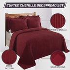 Better Trends Chenille Bedspreads King Size, Burgundy 100% Cotton Chenille Stripe Design Tufted Bedding Coverlet Soft Lightweight, 120"x110" with 2 King Sham 3 Pieces Set Jullian Collection