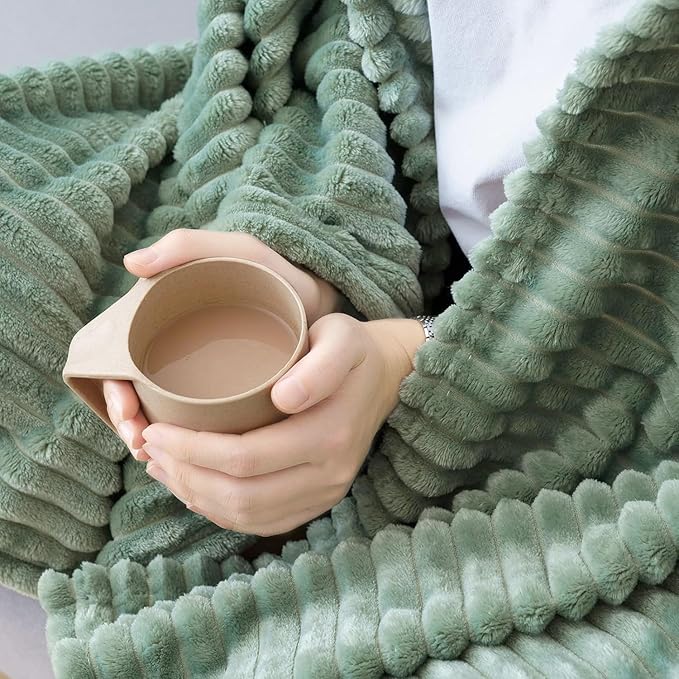 MIULEE Fleece Bed Blanket Queen Size 90"x90" 300GSM Super Soft Lightweight Plush Striped, Sage Green Warm Cozy Breathable Ribbed Blanket Full Size Throw for Sofa Couch