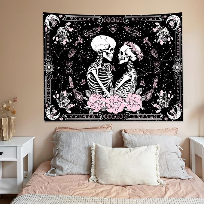KJHL Black and Pink Gothic Witchy Skull Tapestry 44ʺ x 60ʺ Floral Constellation Skeleton Aesthetic Tapestries Wall Hanging for Bedroom Dorm