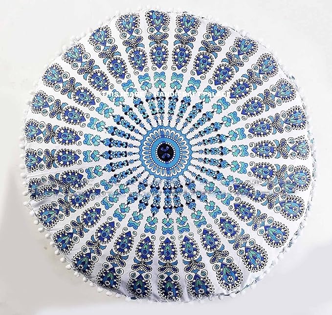 Mandala Round Ottoman Cover Bohemian Footstool Living Room Decor Pillow Sham Hippie Cotton Cushion Cover Meditation Seating Throw Yoga Mat Kids Bean Bag