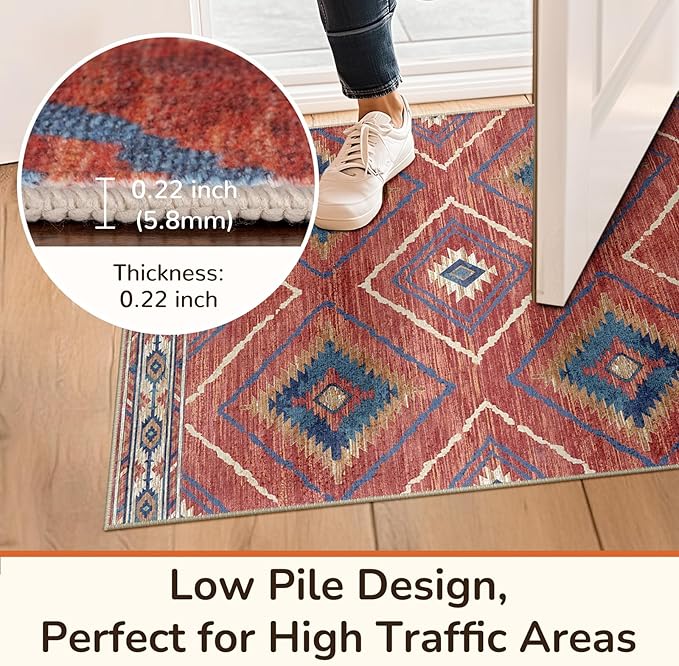 Area Rug 4x6 Rug Machine Washable Non-Slip Low Pile Print Pattern Western Rug for Living Room Bedroom Entryway Tribal Series -Red/Orange