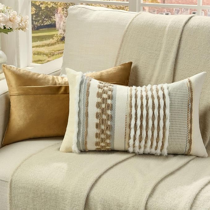FUTEI Coffee Accent Throw Pillow Covers Set of 2, 12x20 Inch Plush Tufted Striped Textured Decorative Pillow Cases for Farmhouse Boho Couch Decor