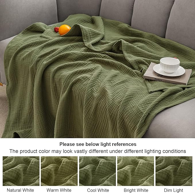 PHF 100% Cotton Muslin Blanket King Size 108"x90", 4-Layer Lightweight Gauze Throw, Breathable Cloud-Soft Minimalist Blanket for Bed, Couch, Camping & Baby, Olive Green, Ideal Gift