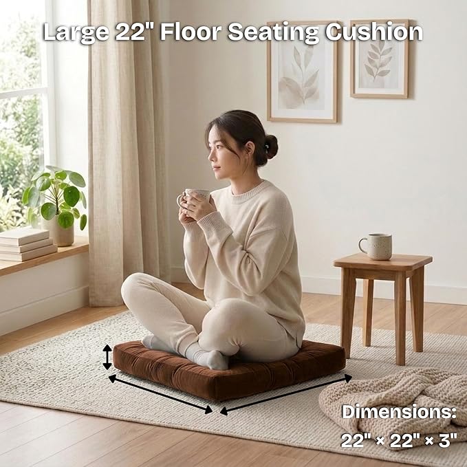 Floor Pillow for Sitting, Large Velvet Floor Seating Cushion for Adults, Tufted Big Pillow for Meditation, Yoga & Living Room, Machine Washable, 22x22 Inch, Brown