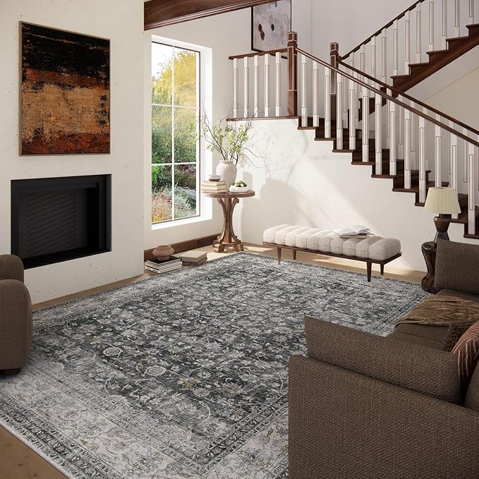 Machine Washable Rugs for Living room: 9x12 bedroom Rug Vintage Boho Area Rug Stain Resistant Non Slip Low Pile Lightweight Soft Carpets for Living room Dining Room Kitchen Nursery Kids Room Farmhouse