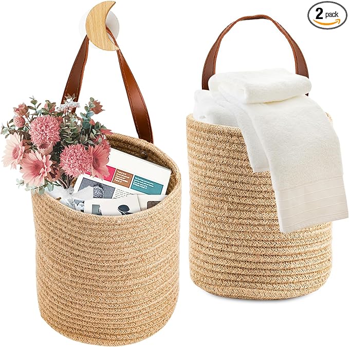 YOUEON Set of 2 Jute Hanging Basket 7.8" x 6.7", Small Wall Hanging Planter Baskets, Natural Jute Woven Storage Basket for Flower Plants Towels Sunglasses Wallet Keys, Boho Decor