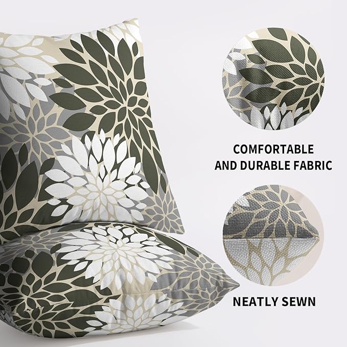 Olive Green White Grey Gray Pillow Covers 18X18 Inch Set of 2, Spring Modern Geometry Dahlia Floral Print Decorative Throw Pillow Covers Outdoor Farmhouse Cushion Case for Couch Sofa Bed Decor
