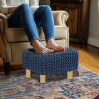 COTTON CRAFT Braided Footrest - Handknitted Dori Foot Stool with Sturdy Wood Legs – Handmade Boho Leg Rest - Small Spaces Under Desk Living Room Entryway Low Footstool Pouf - 16.5x12x9.5 - Blue