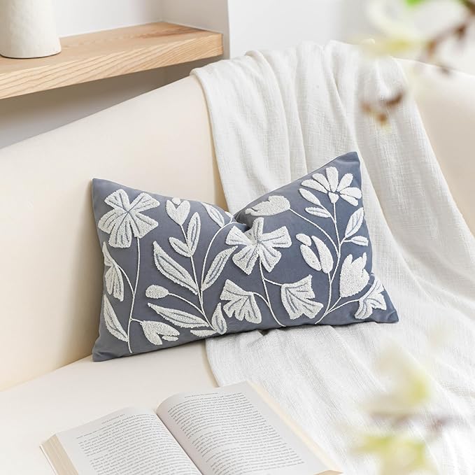 BlissBlush 12x20 Lumbar Pillow Cover, Grayish Blue Rectangular Decorative Throw Pillowcase for Couch Sofa, Floral Tufted Embroidered Velvet Farmhouse Accent Cushion (Cover Only)