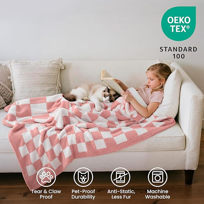 Joiedomi Throw Blanket for Couch, Pink White Checkered Knitted Blankets Gifts for Women Mom Girls, Cozy Cute Soft Throw Home Room Decor Aesthetic Women Mothers Birthday Gifts 50x60 Inches