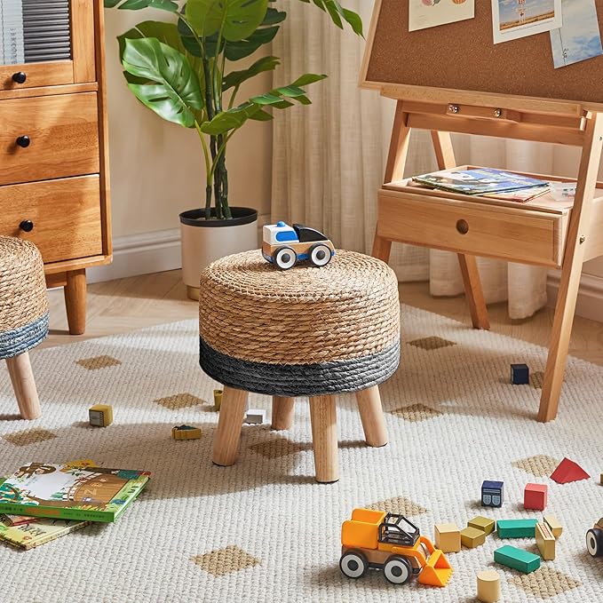 YMYNY Foot Stool Natural Seagrass Hand Weave, 12.6" Small Ottoman, Round Footrest for Living Room, Bedroom, Entryway, Change Shoes Stool, Non-Skid Wood Legs, Boho, Natural+Black UHBD027B