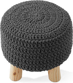 Casafield Pouf Ottoman Footstool, 13" Round x 11" High, Hand-Knitted Cotton Footrest, Non-Skid Wood Legs, Boho Foot Stool for Living Room, Bedroom (Gray)
