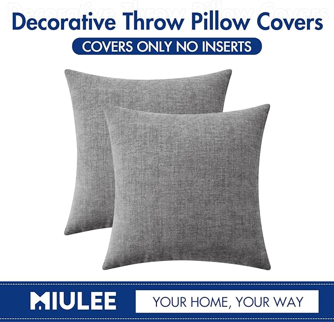 MIULEE Pack of 2 Dark Gray Throw Pillow Covers 16x16 Inch Soft Chenille Pillow Covers for Sofa Living Room Couch Solid Dyed Cases