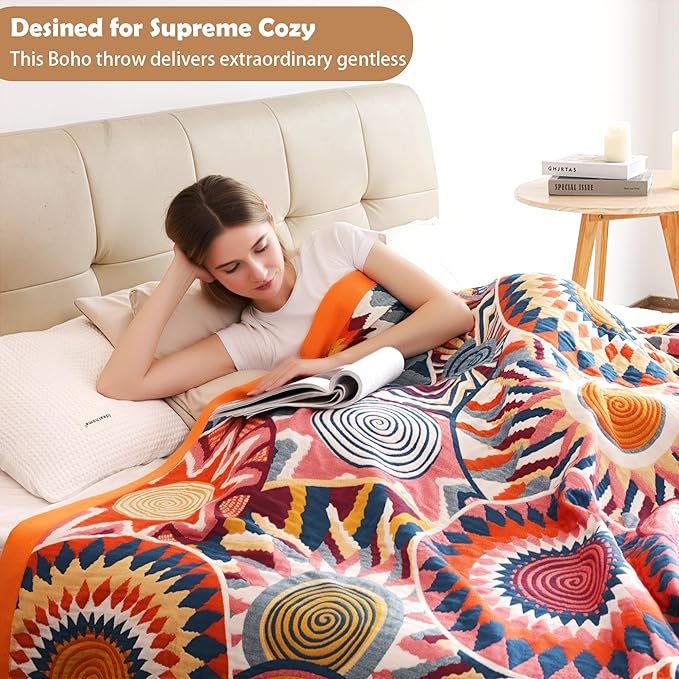 Boho Throw Blanket, 100% Organic Muslin Cotton Skin-Friendly Breathable Ultra Soft Bed Quilt Throw - All Season Decor Colorful Blanket for Sofa Couch Chair and Gift. 91" x 108"