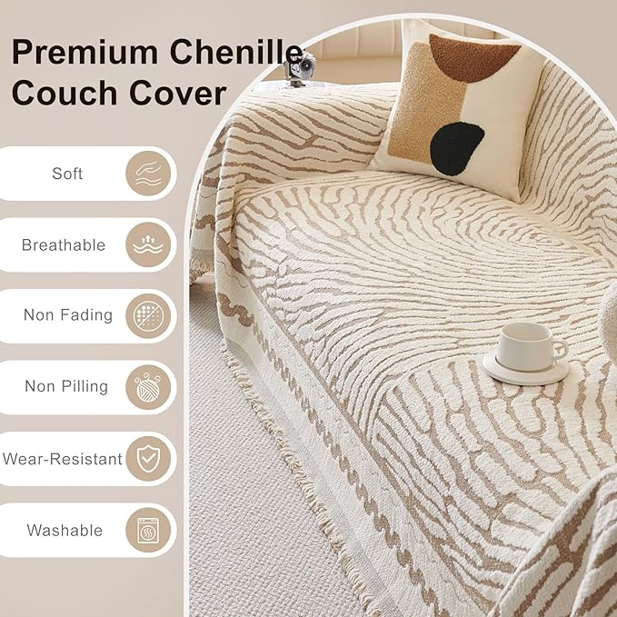ROOMLIFE Thicked Striped Couch Cover with Tassel Khaki Chenille Sofa Cover Blanket for Sectional Sofa, Soft Sofa Slipcovers for L Shaped Love Seat 2-3 Cushion Couch Anti Slip Sofa Protector, 71"x150"
