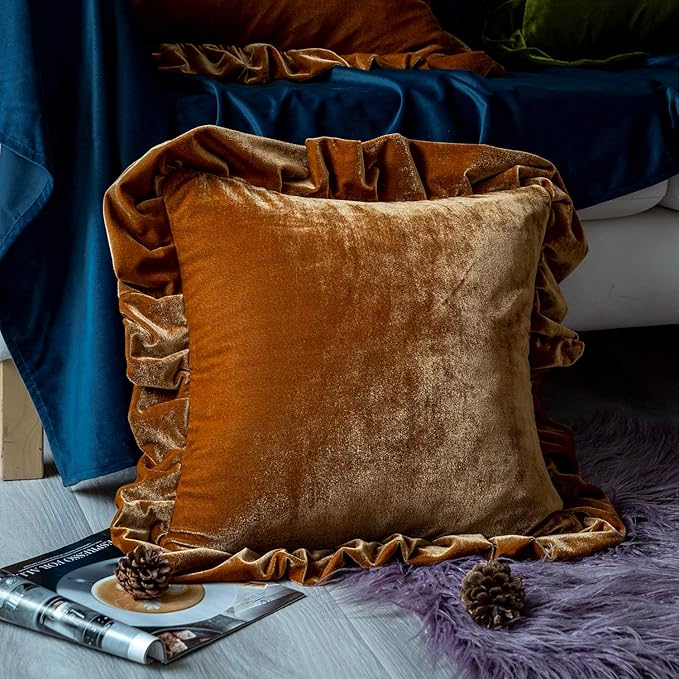 Velvet Throw Pillow Cover Soft Decorative Luxurious Solid Square Cushion Case for Sofa Couch Bedroom Farmhouse,Pack of 2, 18 x 18 Inches, Golden Camel