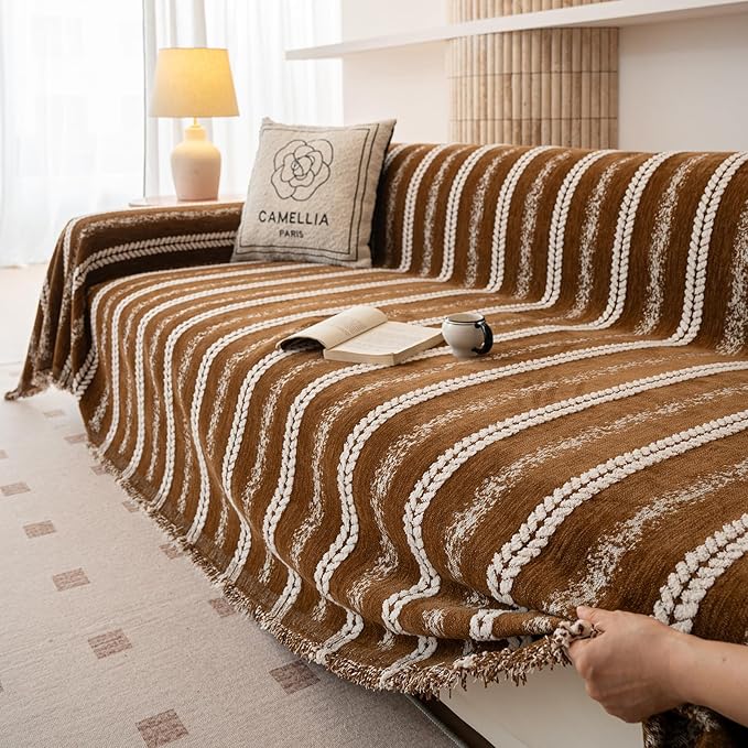 VClife Sofa Cover Bohemian Striped Pattern Couch Cover for 2 Cushion Sofa - Caramel Brown Creamy White Textured Sofa Slipcover Washable Furniture Protector for Couch Decorative Couch Cushion Cover