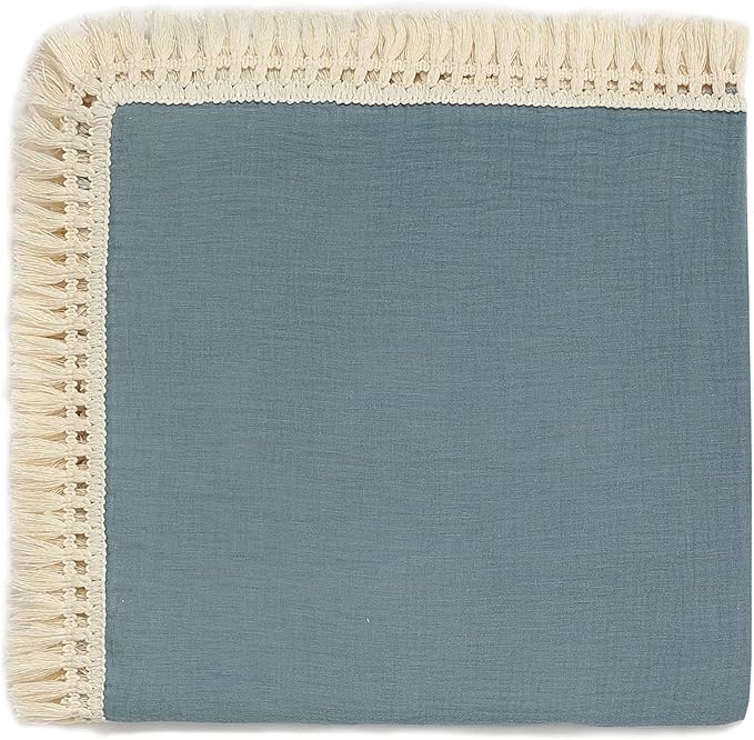 insular Cotton Muslin Baby Blanket with Tassel, Boho Bohemian Muslin Swaddle Blanket Baby Receiving Blanket with Fringe, Nursery Decor Throw or Nursing Blankets, 47" x40”, Blue