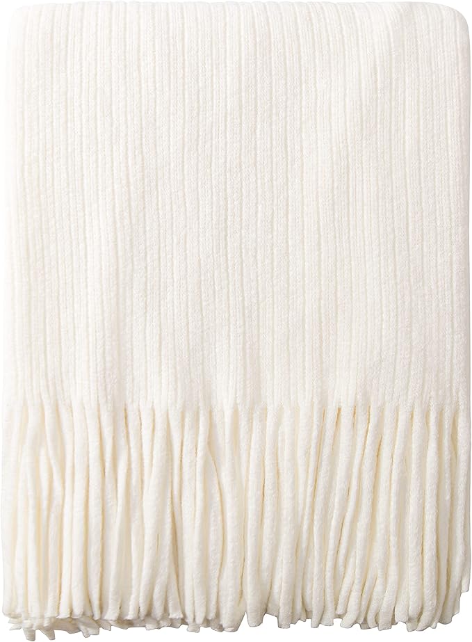 NTBAY Acrylic Knitted Throw Blanket, Lightweight and Soft Cozy Decorative Woven Blanket with Tassels for Travel, Couch, Bed, Sofa, 51x67 Inches, White Striped