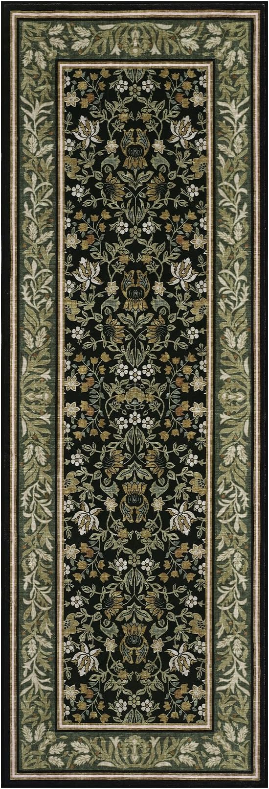 GarveeHome Runner Rugs 2x6 Kitchen Runner Rug Non Slip Washable Runners for Hallways, Boho Vintage Rugs with Rubber Backing Low-Pile Indoor Long Carpet for Entryway Bedroom Green Black