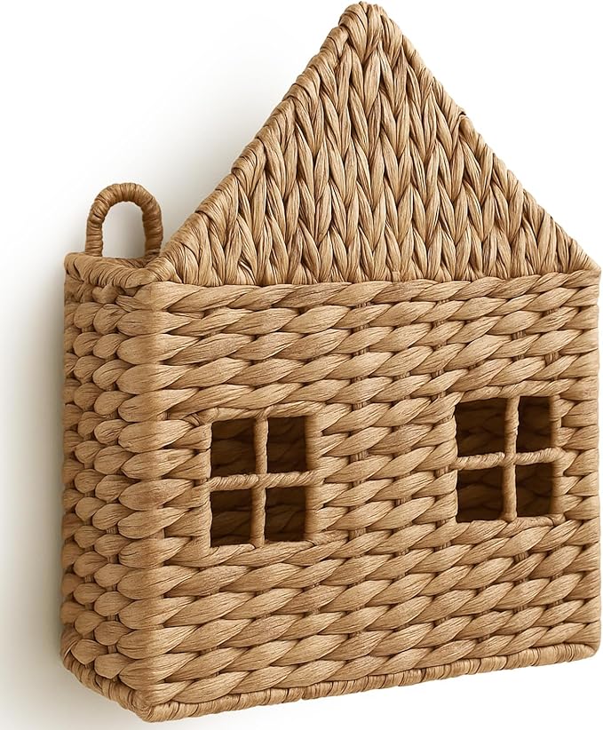 Wicker Magazine Holder Wall Basket Hanging Wall Mount Mail Rack Holder Storage Water Hyacinth House Shaped Woven Hanging Basket for Books & Files with Handle Home Office, 13.8 x 11 Inch