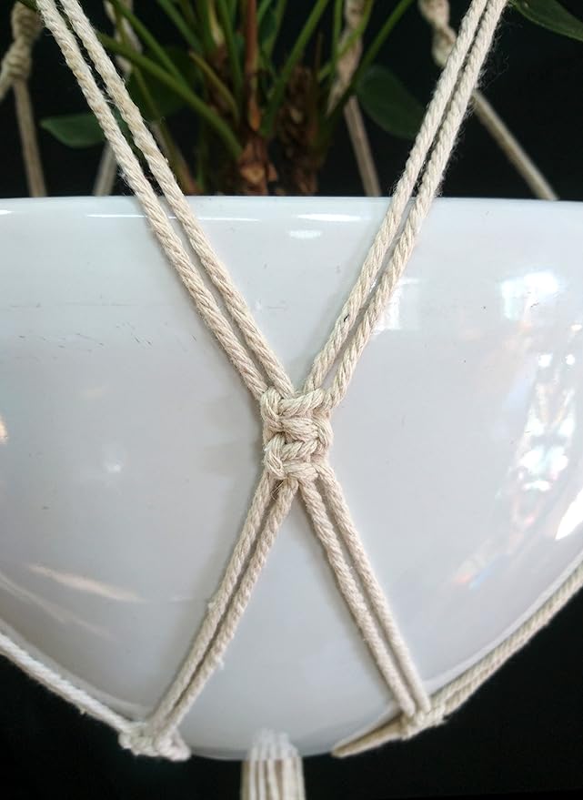 Rope Macrame Plant Hanger Hanging Planter 4 Legs 59 Inch for 12-13 inch Plant Pot, Without Pot and Plant (Cream-Cotton)