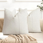 YCOLL Farmhouse Pillow Covers 20x20, Modern Accent Square Throw Pillow Covers Set of 2, Gray and Beige Striped Patchwork Linen Decorative Pillows Cushion Covers for Couch Chair Bedroom Home Decor
