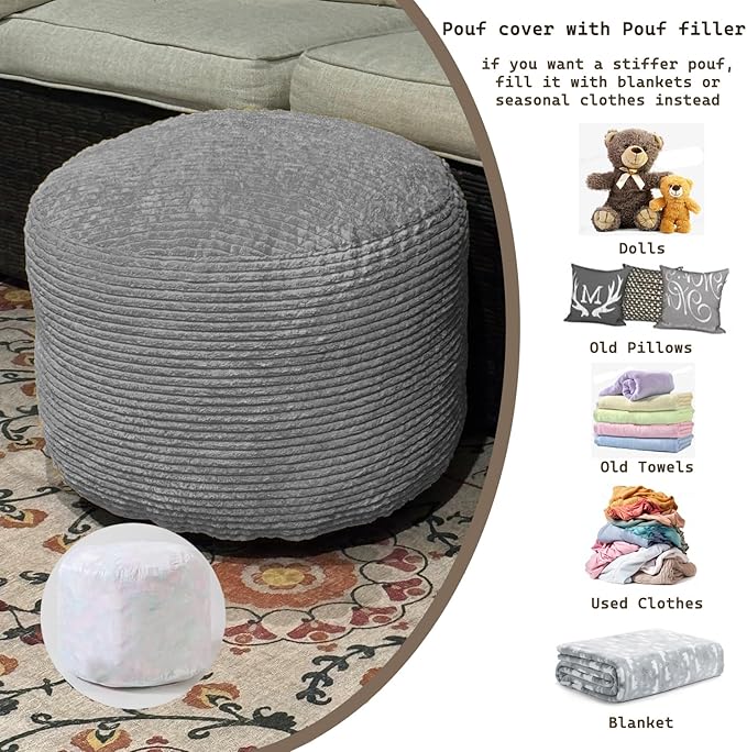 Oslimea Round Ottoman Foot Rest 20 x 15 Foot Stool Ottoman Pouf with Foam Chunk Filling for Living Room, Floor Poufs Foot Rest for Bedroom, Dark Grey Corduroy