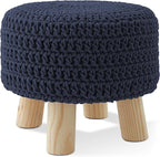 Casafield Pouf Ottoman Footstool, 13" Round x 11" High, Hand-Knitted Cotton Footrest, Non-Skid Wood Legs, Boho Foot Stool for Living Room, Bedroom (Navy Blue)