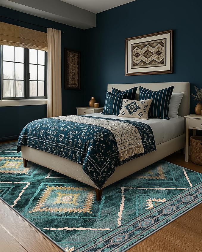 Area Rug 4x6 Rug Machine Washable Non-Slip Low Pile Print Pattern Western Rug for Living Room Bedroom Entryway Tribal Series -Teal/Green