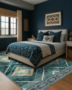 Area Rug 9x12 Rug Machine Washable Non-Slip Low Pile Print Pattern Western Rug for Living Room Bedroom Entryway Tribal Series -Teal/Green