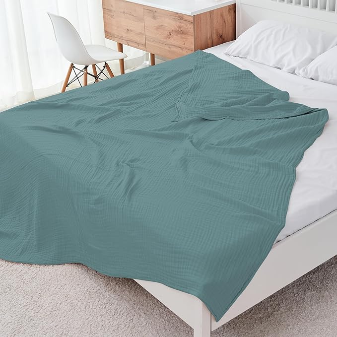 Cosy Family 4 Layer Muslin Bed Blanket - Breathable and Lightweight Gauze Boho Blanket for Spring, Soft 100% Cotton Muslin Blanket, Green, 55x80 Inches