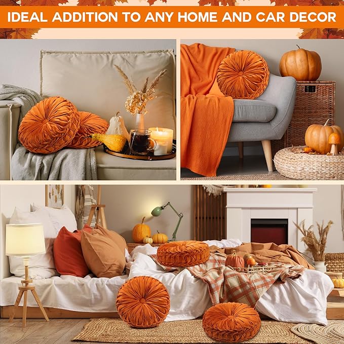 2 Pcs Round Throw Pillows 15 Inch Decorative Velvet Pleated Pumpkin Pillows Boho Floor Pillow with Center Button for Living Room Couch Chair Bed Sofa Home Decoration (Orange)