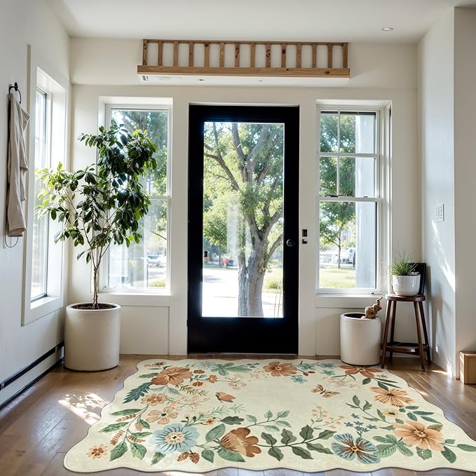 Lahome Floral Bedroom Rug,4x6 Washable Area Rugs for Living Room Dining Room, Non Slip Ultra-Thin Stain Resistant Boho Throw Carpet for ‎Office Flore (4x6ft,Beige)