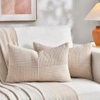 Fancy Homi 2 Packs Tan Lumbar Decorative Throw Pillow Covers 16x26 Inch for Living Room Couch Bed Sofa, Farmhouse Boho Home Decor, Soft Striped Corduroy Rectangle Accent Cushion Case 65x40 cm