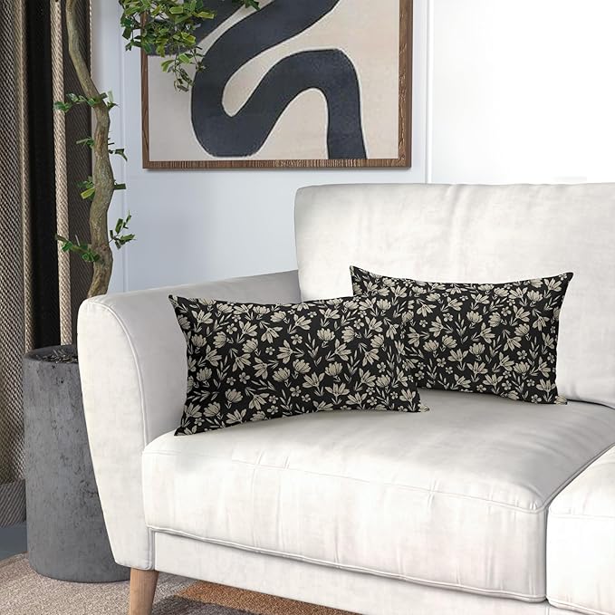 Vintage Flower Lumbar Pillow Covers 12x20 Set of 2 Rustic Old Style Cute Small Floral Black Cream Decorative Throw Pillows Outdoor PillowCase Farmhouse Linen Long Cushion Case Decor for Sofa Couch Bed
