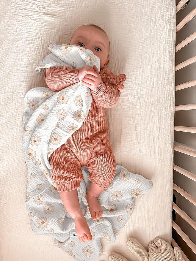 meowcards Muslin Swaddle Blankets for Baby, Unisex Baby Boys Girls Essentials, Large 47 x 47 inches, Boho Receiving Blankets Newborn Registry Must Haves (Flower-A, Simple)