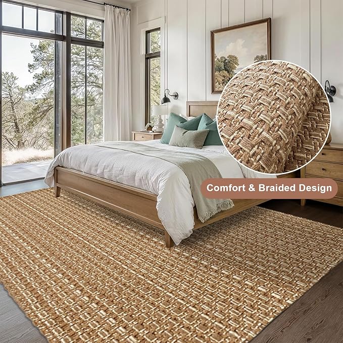 Washable Area Rug 5x7 ft,Rubber Backed Non Slip Neutral Rugs for Living Room,Office Rugs,Braided Bedroom Rug,Faux Jute Rug,Indoor Floor Solid Carpets for Dining,Tan Brown