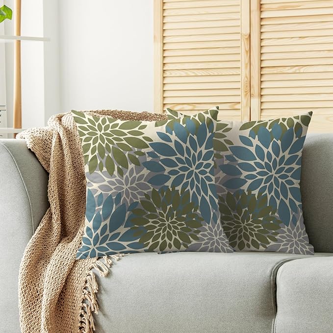 Blue Green Grey Gray Pillow Covers 18X18 Inch Set of 2, Modern Dahlia Floral Print Decorative Throw Pillow Covers Outdoor Farmhouse Cushion Case for Home Couch Sofa Bed Decoration