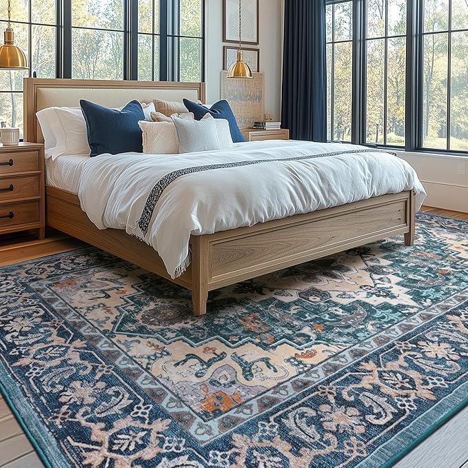 Lessymo Area Rug 5x7, Machine Washable Area Rugs, Super Soft Faux-Wool Area Rugs for Living Room Bedroom Kitchen, Boho Vintage Floral, Non-Slip Low Pile, Kid & Pet Friendly, Dark Green