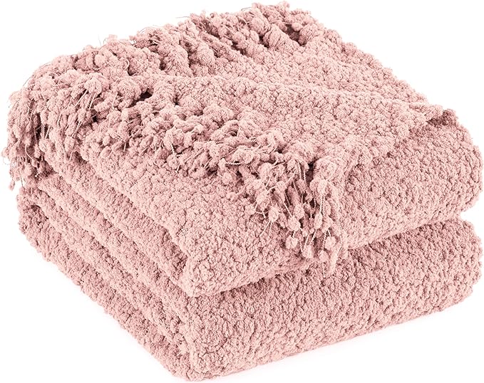 Throw Blanket for Couch, Dusty Pink Luxury Knitted Throws 50"x60", Textured Blankets with Handmade Fringe Tassels for Bed Sofa Decorative, Chunky Soft Farmhouse Boho Home Decor