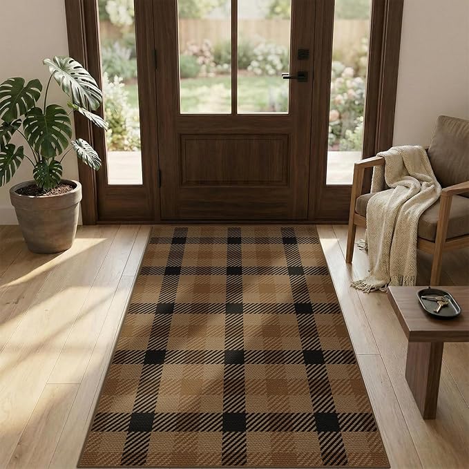 Neutral 3x6 Area Rug Indoor Entrance - Easy Jute Brown Checkered Rug for Entryway, Kitchen, Small Living Room, Earthy & Coffee Rustic Accent Décor