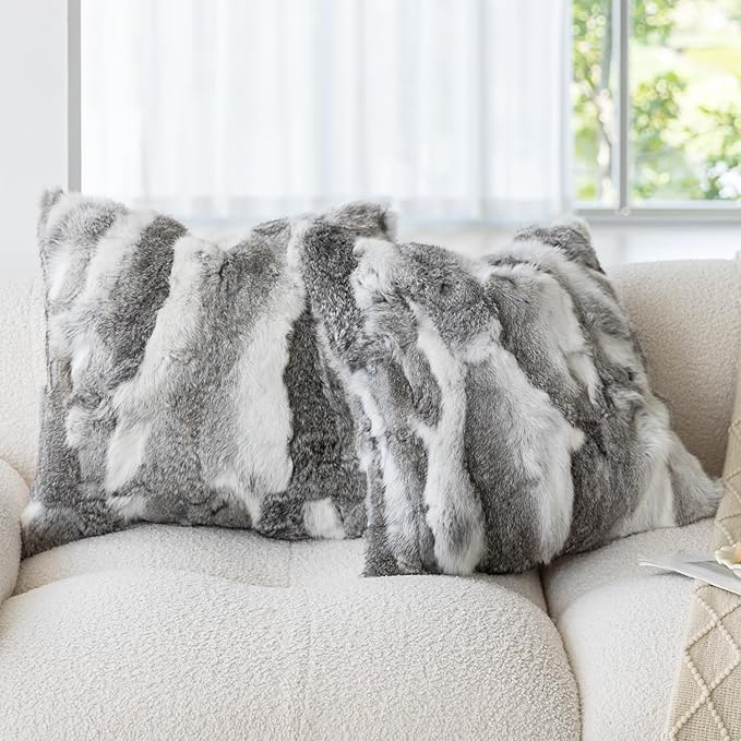 MOOX Rabbit Fur Throw Pillow Covers Decorative Fluffy Soft Fuzzy Plush Luxury Genuine Animal Skin Lumbar Pillow 18"x18" Cushion Cover, Couch-Grey White