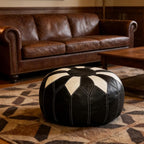 Thgonwid Unstuffed Moroccan Faux Leather Pouf Ottoman with Storage - Handmade Boho Chic Multi-Use Footrest for Living Room, Bedroom, Patio - Round Ethnic Floor Cushion & Decorative Accent, Black&White