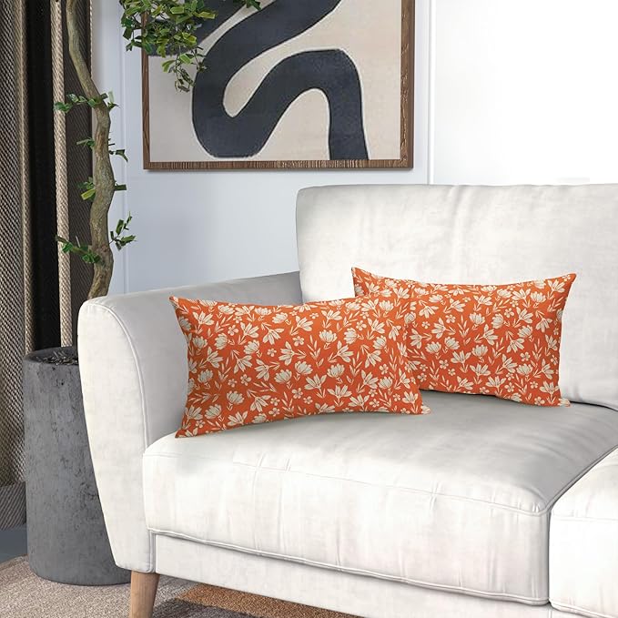 Orange Pillow Covers 12x20 Set of 2 Vintage Floral Rustic Old Style Cute Flower Print Rectangle Decorative Outdoor Pillowcases Seasonal Farmhouse Throw Cushion Case Couch Sofa Bed Decor