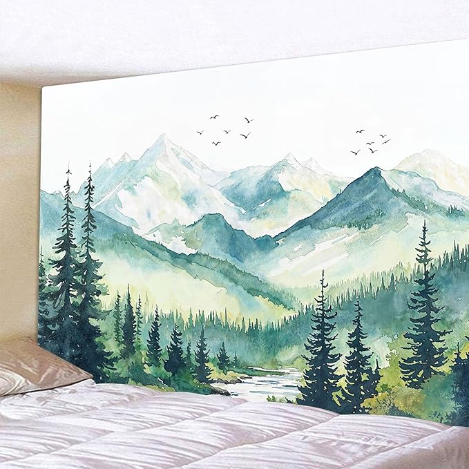Accnicc Watercolor Forest Mountain Tapestry Green Nature Pine Tree River Wall Tapestry for Bedroom Aesthetic Misty Woods Extra Large Tapestries Wall Hanging for Living Room Dorm Decor 90 x 68 Inch