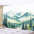 Accnicc Watercolor Forest Mountain Tapestry Green Nature Pine Tree River Wall Tapestry for Bedroom Aesthetic Misty Woods Extra Large Tapestries Wall Hanging for Living Room Dorm Decor 90 x 68 Inch